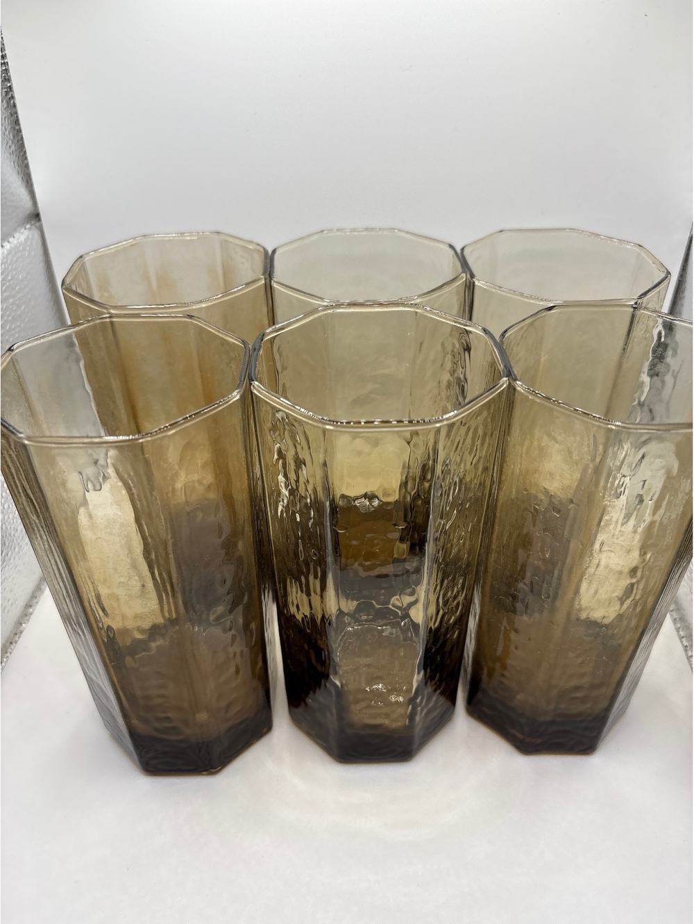 Vintage Amber Paneled Water / Juice Goblets Set of 6 Faceted Stemware 6"